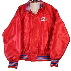 Vintage 80s Save A Heart Foundation Satin Jacket Varsity Mens L Snap Buttons Red